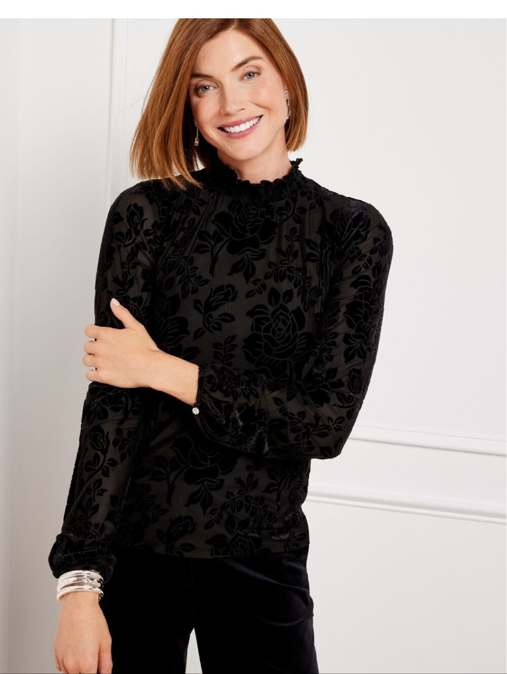 Talbots Burnout Velvet Smocked Neck Top Large NWT